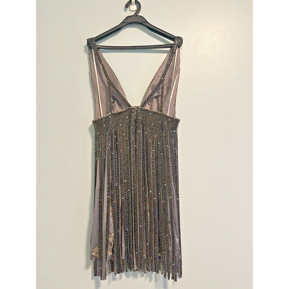 MANDALAY 10 Dress Sleeveless Metallic Fringe Mini Deep V- Neck Gunmetal Gray NWT - Picture 3 of 10